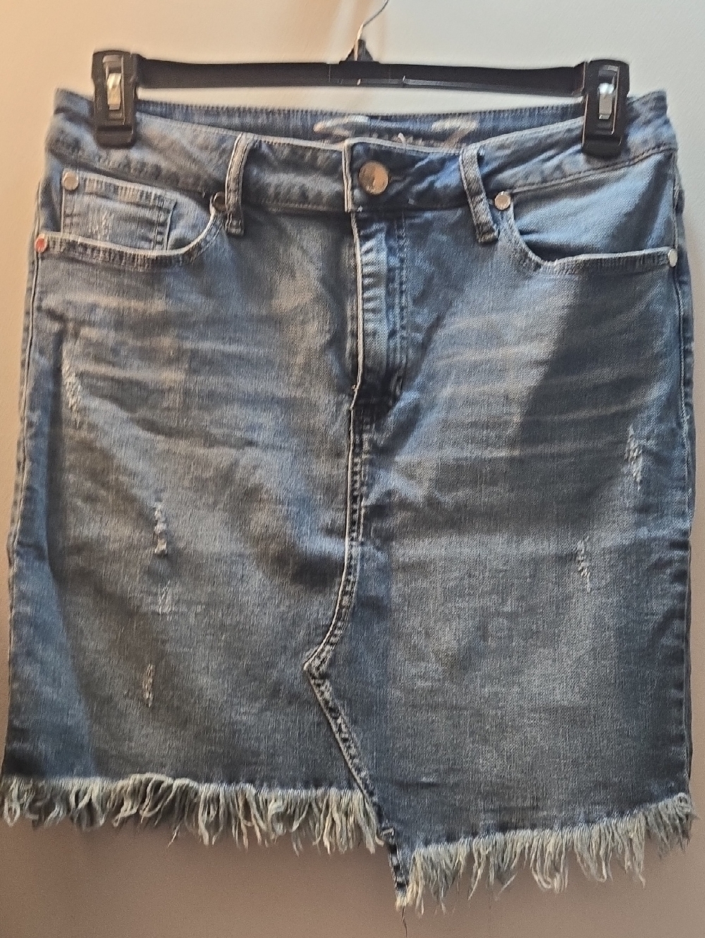 Seven7 Distressed Blue Denim Asymmetrical Frayed Hem Skirt